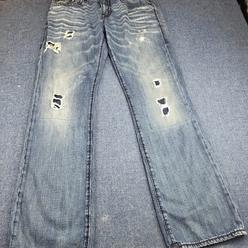 True Religion Ricky Relaxed Straight Distressed Jeans Blue Thick Stitch Size 33